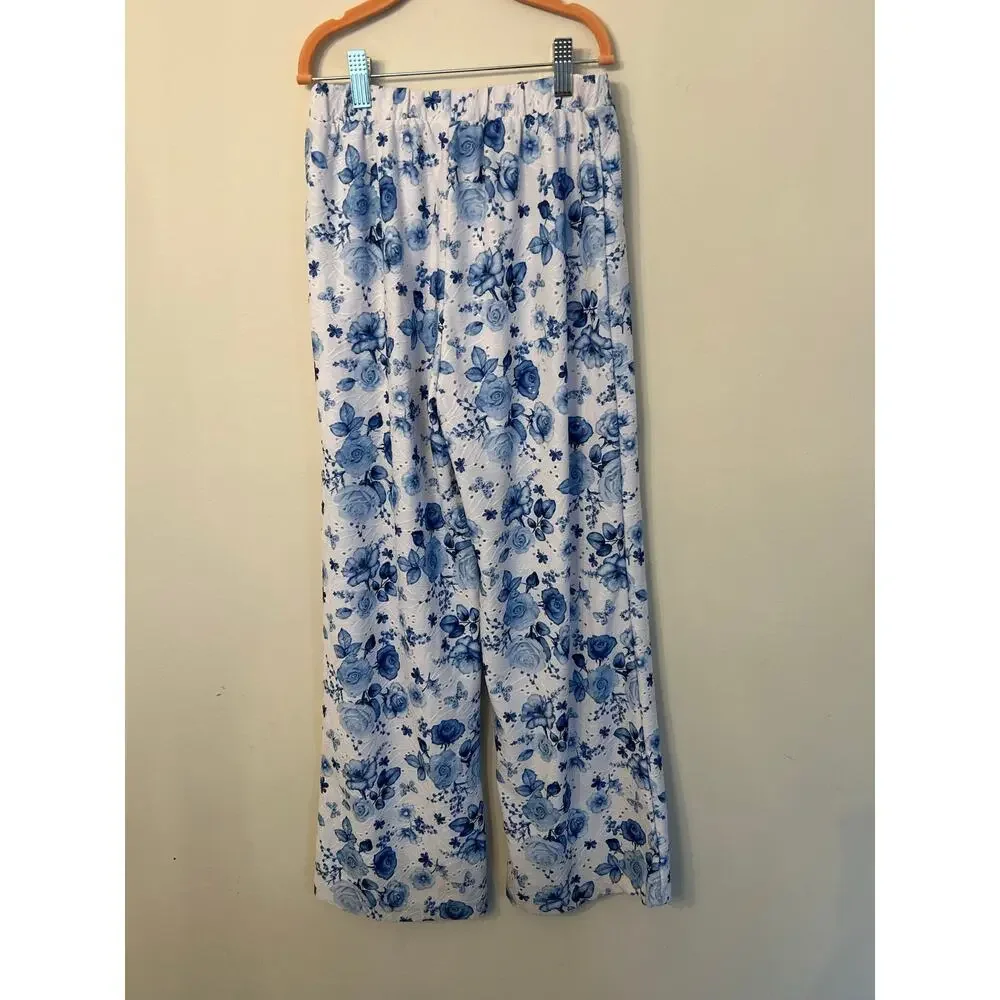 Tahari Girls Blue White Floral 2 Pc Matching Set Peplum Top Wide Leg Pants Sz 12